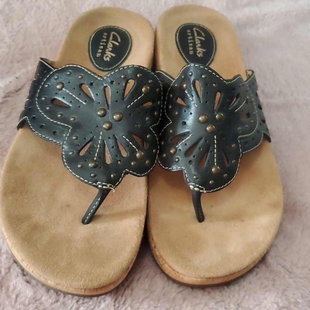 Clarks Women's Palima Palm Wedge Sandal in Black, Size 8